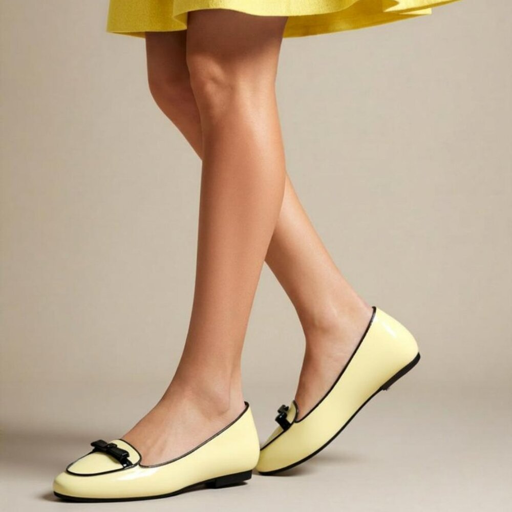 LK Bennet LKB Lemon Yellow Black Bow Cap Toe Patent Leather Shoes Loafers 39 8 - Picture 1 of 11